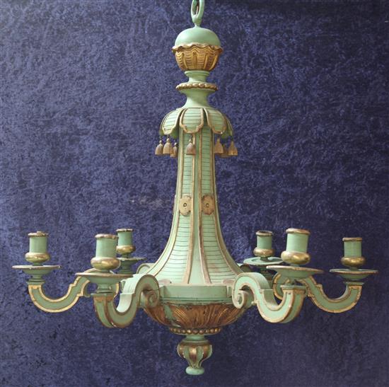 An early 20th century Italian green painted and parcel gilt ceiling light, 3ft drop